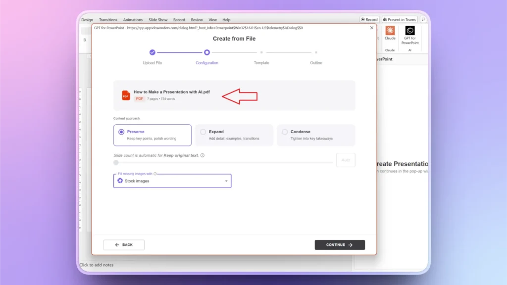 Screenshot of a PowerPoint plugin interface showing a PDF titled "How to Make a Presentation with AI.pdf" with configuration options.