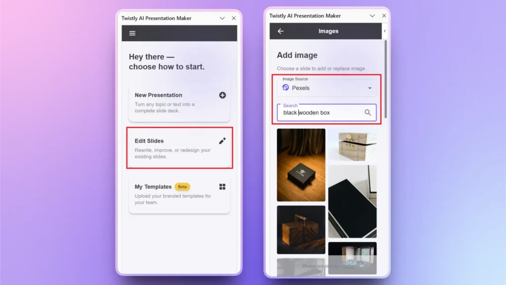 Two smartphone screens displaying Twistly AI Presentation Maker app interfaces with options to create new presentations and search images from Pexels.