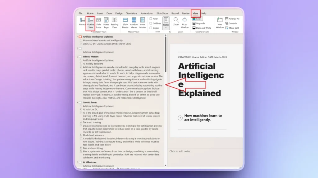 Screenshot of a presentation software in Outline View mode, showing an "Artificial Intelligence Explained" slide and View tab highlighted.