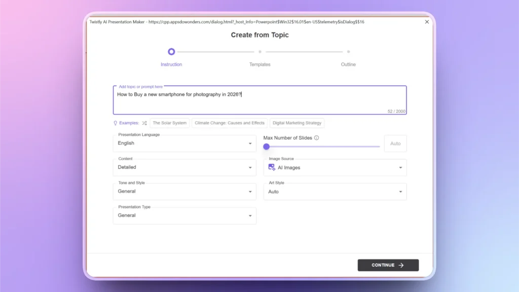Screenshot of Twisty AI Presentation Maker interface with topic input and customization options.