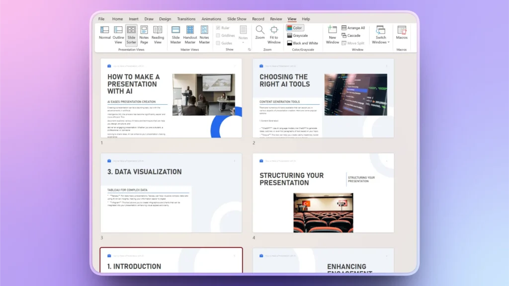 Screenshot of a PowerPoint slide sorter view showing six slides about AI in presentations.