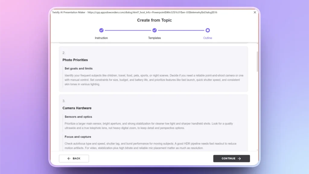Screenshot of a presentation maker interface showing "Create from Topic" with sections on photo priorities and camera hardware.