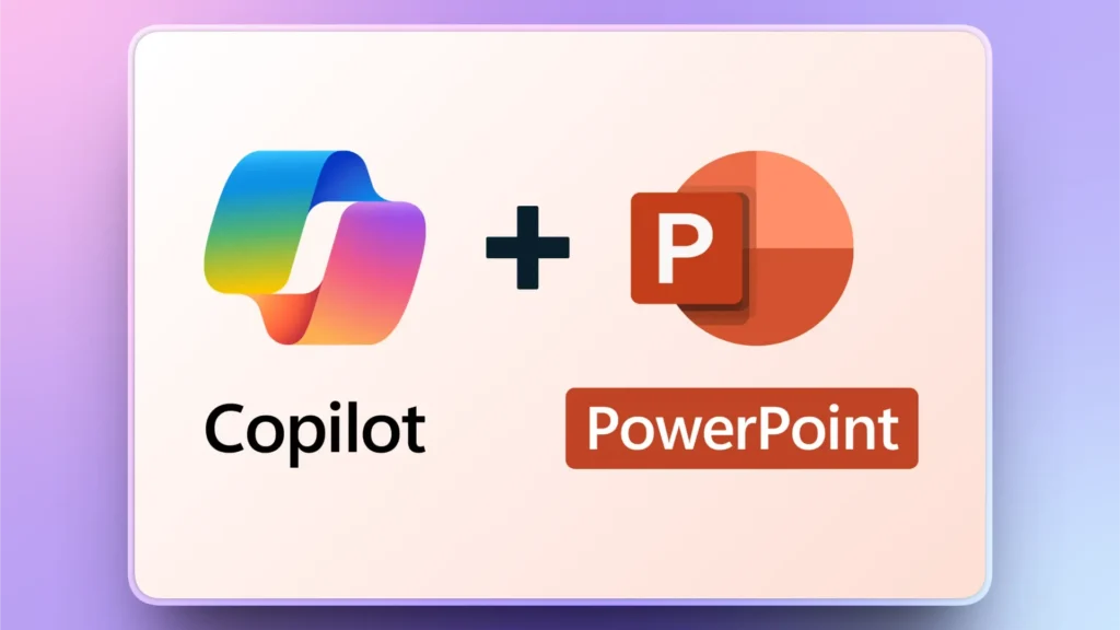 Logos of Copilot and PowerPoint side by side with a plus sign on a gradient background.