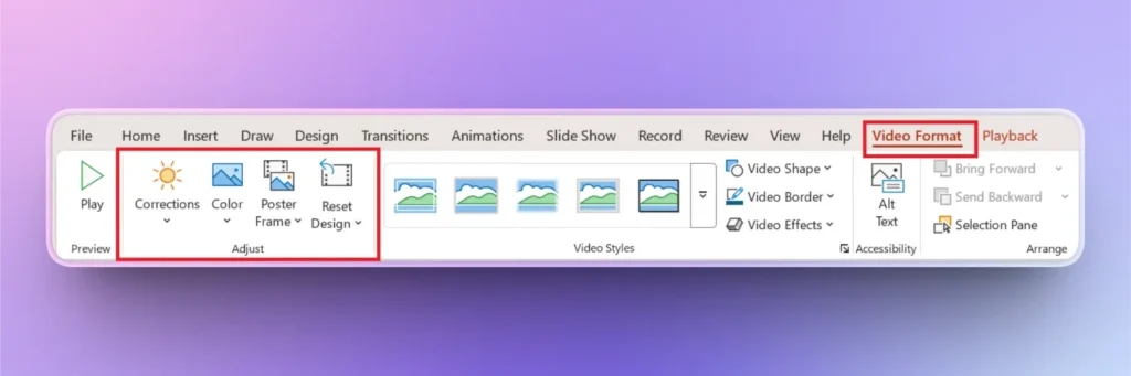 Screenshot of a software toolbar with video format options, including Corrections, Color, Poster Frame, and Reset Design.