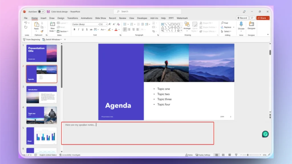 Screenshot of a PowerPoint presentation titled "Agenda" with a purple and white color scheme and mountain images.