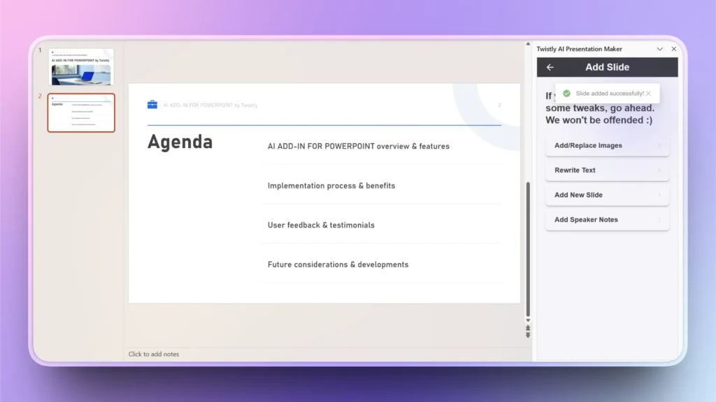 Screenshot of a PowerPoint presentation slide titled "Agenda" with a sidebar menu for Twistly AI Presentation Maker.