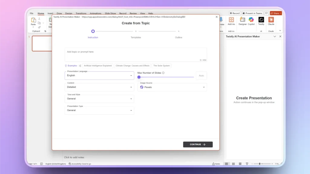 Screenshot of Twisly AI Presentation Maker interface open within a PowerPoint application window.
