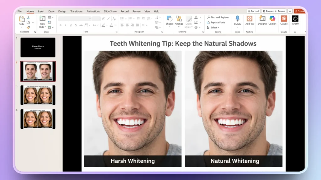 PowerPoint slide showing side-by-side comparison of teeth whitening labeled "Harsh Whitening" and "Natural Whitening.