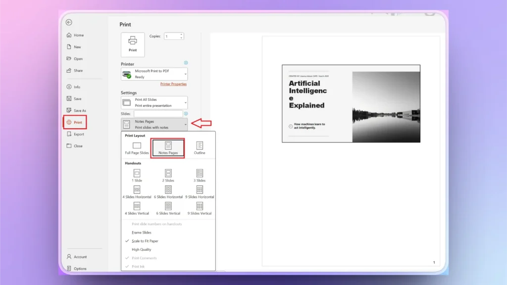 Print settings window in presentation software showing Notes Pages layout selected.