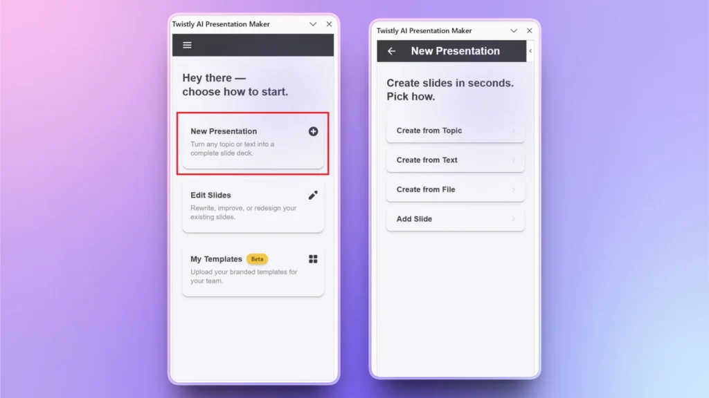 Screenshots of Twisly AI Presentation Maker interface showing options to create or edit presentations.