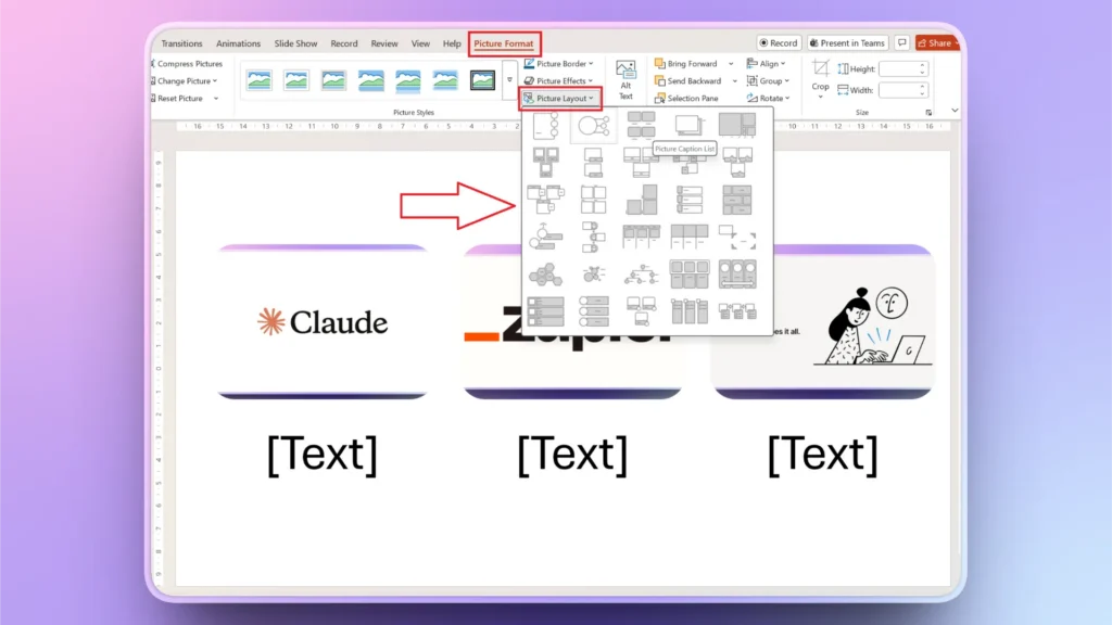 Screenshot of PowerPoint’s Picture Format tab with Picture Layout options expanded and a red arrow pointing to slide content.