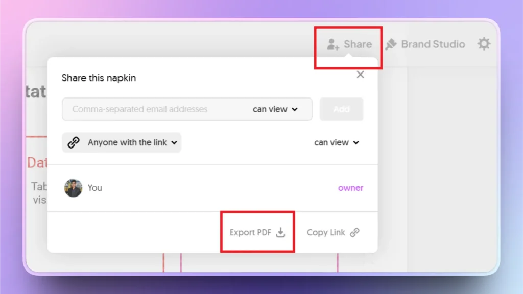 Screenshot of a digital sharing interface with options to share a document, export PDF, and copy link.