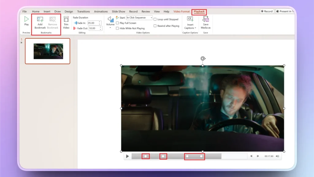 Screenshot of a video playback editing interface in presentation software with a man sitting in a car.