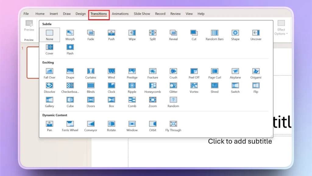 Screenshot of a presentation software showing the Transitions tab with various transition effect options.