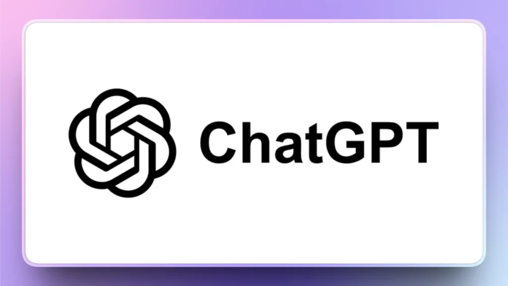 Black and white ChatGPT logo with intertwined geometric shapes and text on white background.