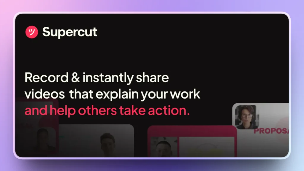 Black and pink Supercut app interface with white and red text promoting video sharing.