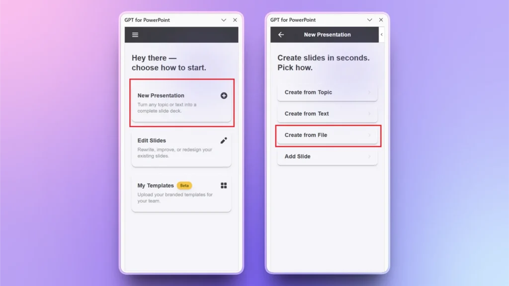 Two smartphone screens displaying the GPT for PowerPoint app interface with options for creating and editing presentations.