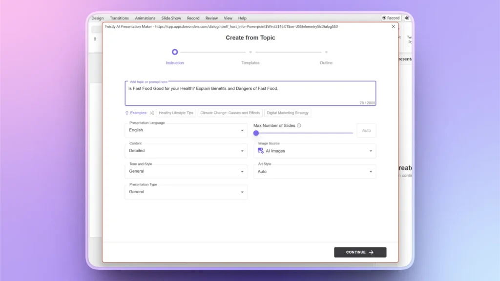 Screenshot of AI presentation maker interface showing topic input and settings for language, content, style, and slide number.