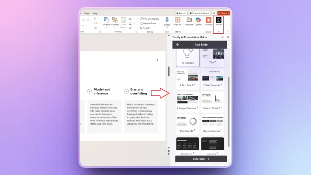 Screenshot of a PowerPoint interface displaying Twistly AI Presentation Maker with slide templates and text about model inference and bias overfitting.