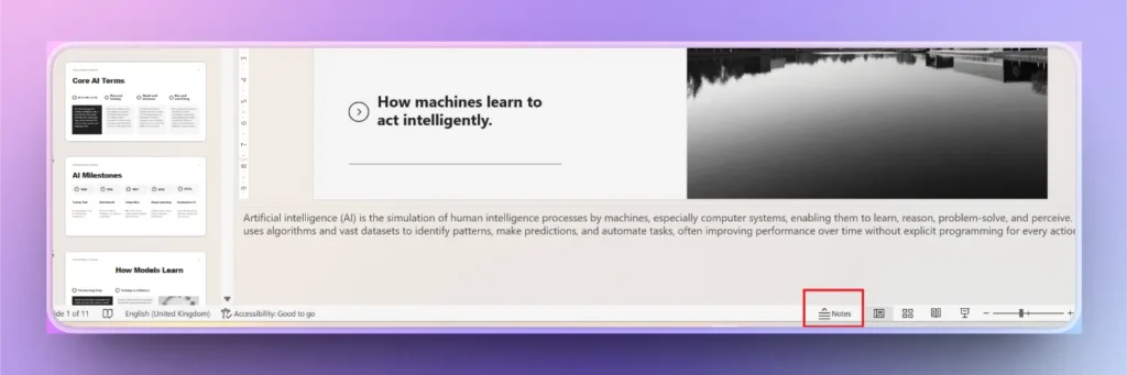 Screenshot of a presentation slide titled "How machines learn to act intelligently" with AI-related content and slide navigation panel visible.