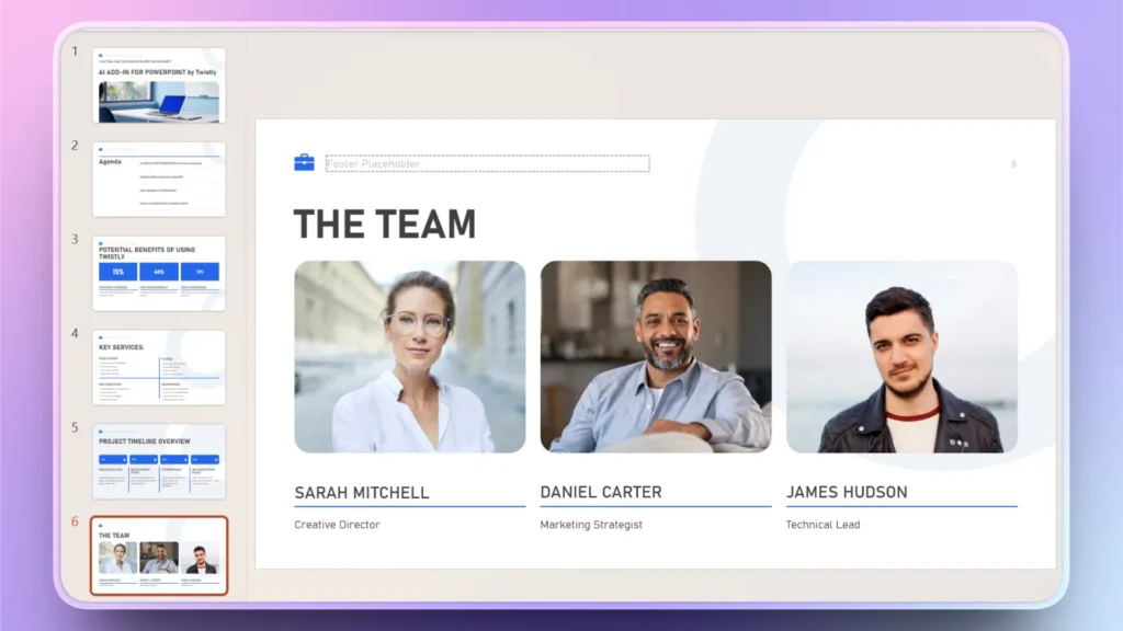 Presentation slide titled "The Team" featuring portraits and titles of Sarah Mitchell, Daniel Carter, and James Hudson.