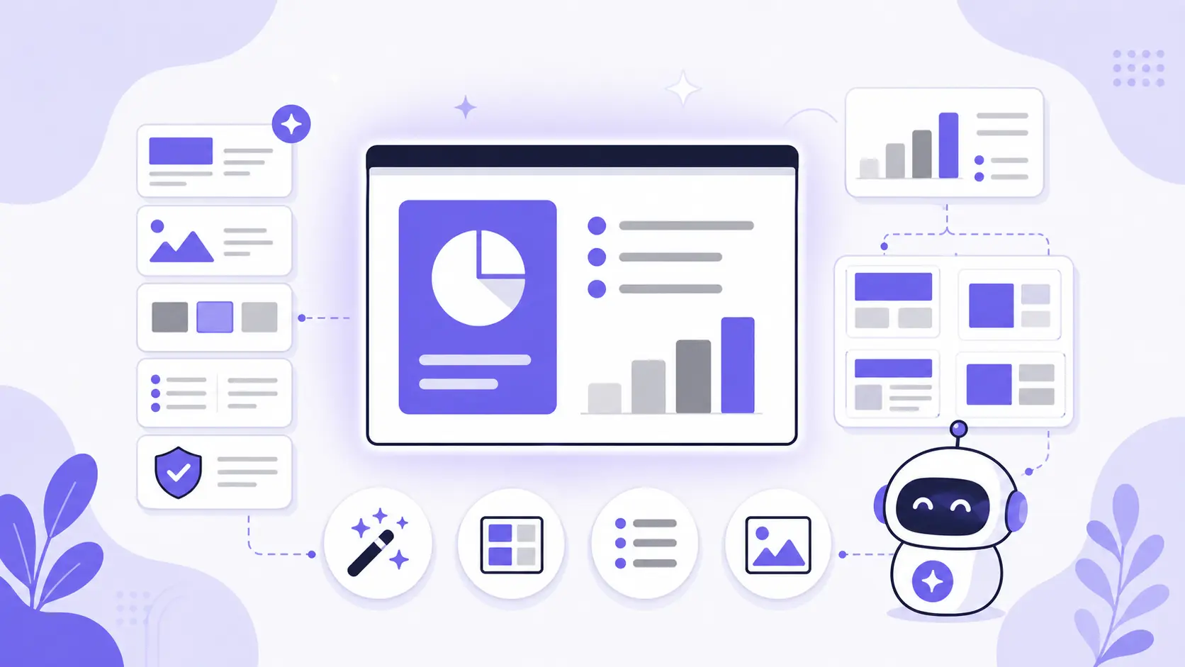 Illustration of a digital dashboard with charts and a smiling robot assistant in purple and gray tones.