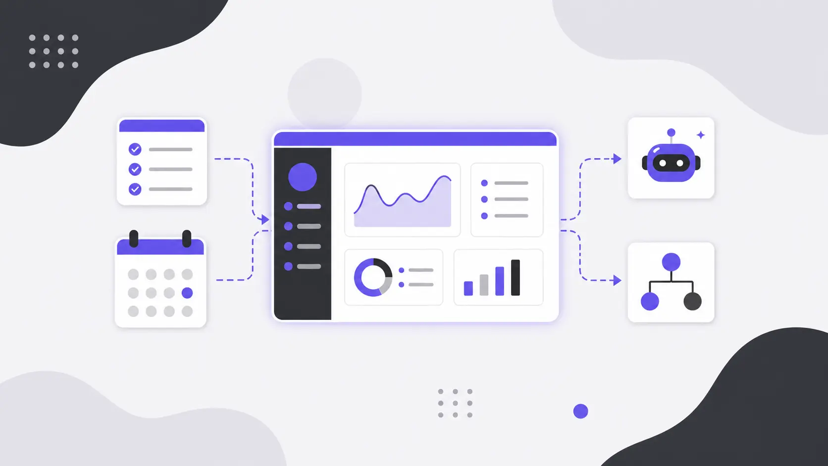 Illustration of a digital dashboard with charts, checklist, calendar, robot icon, and flowchart in purple and black.