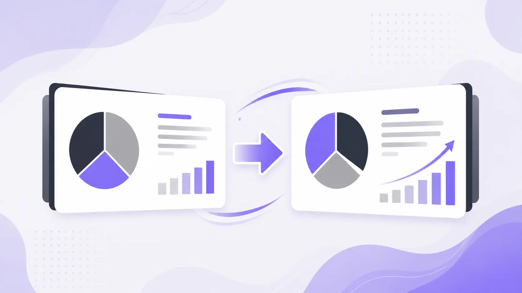 Two digital charts with pie graphs and bar charts connected by a purple arrow, on a light abstract background.