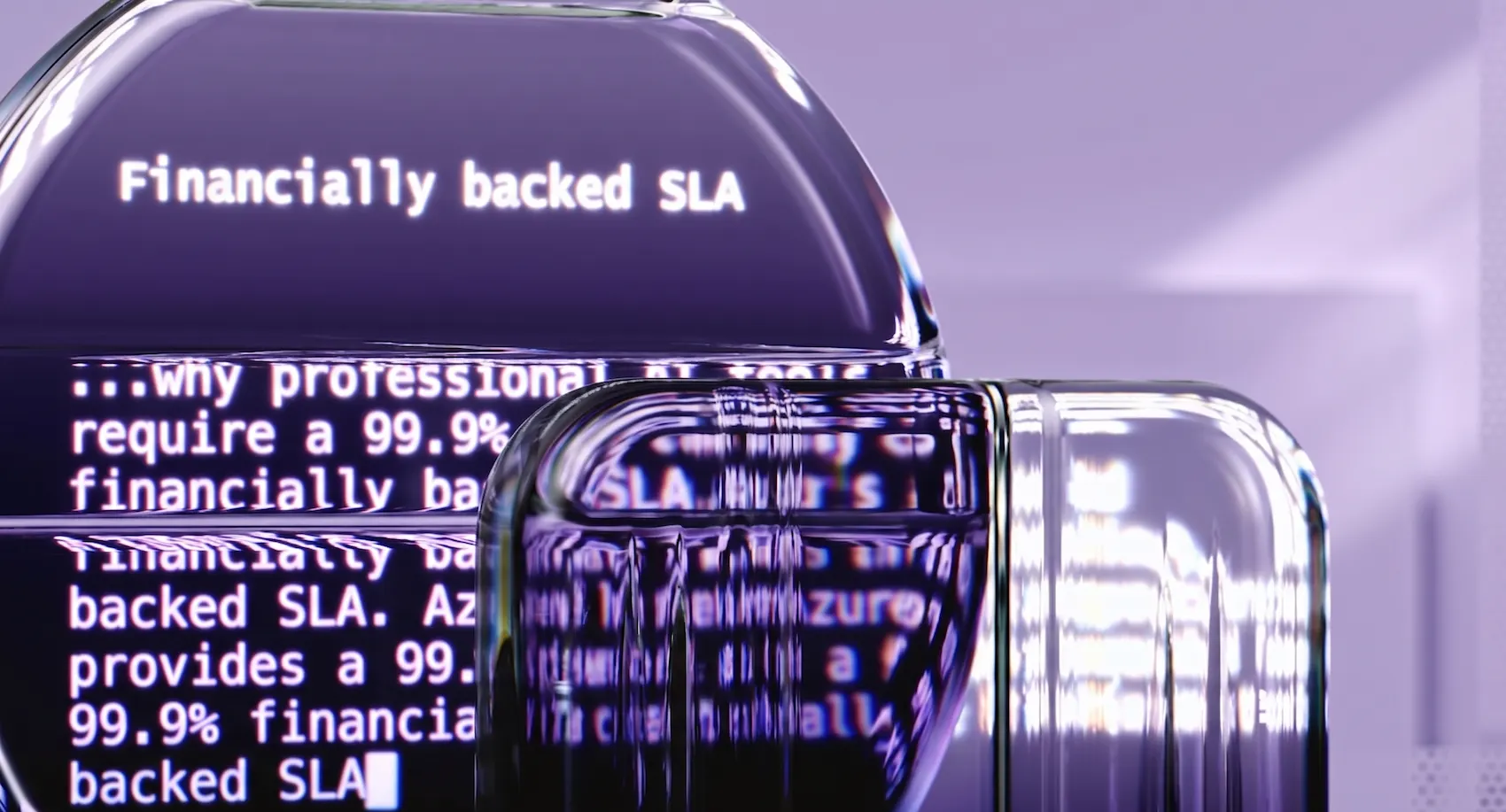 Close-up of distorted white text reading "Financially backed SLA" reflected through clear glass objects on a purple background.