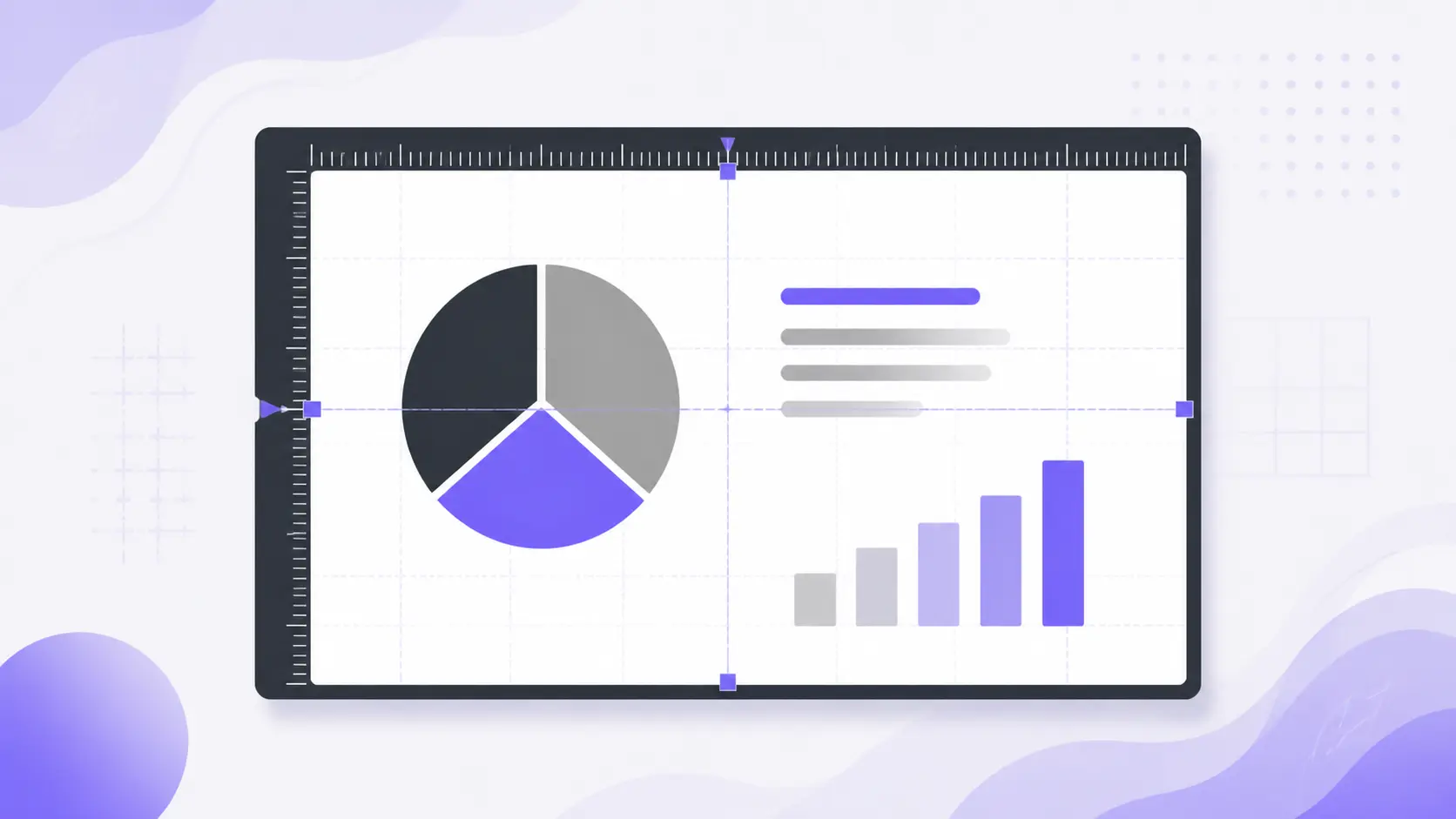 Digital interface displaying a pie chart, bar graph, and text with measurement rulers.