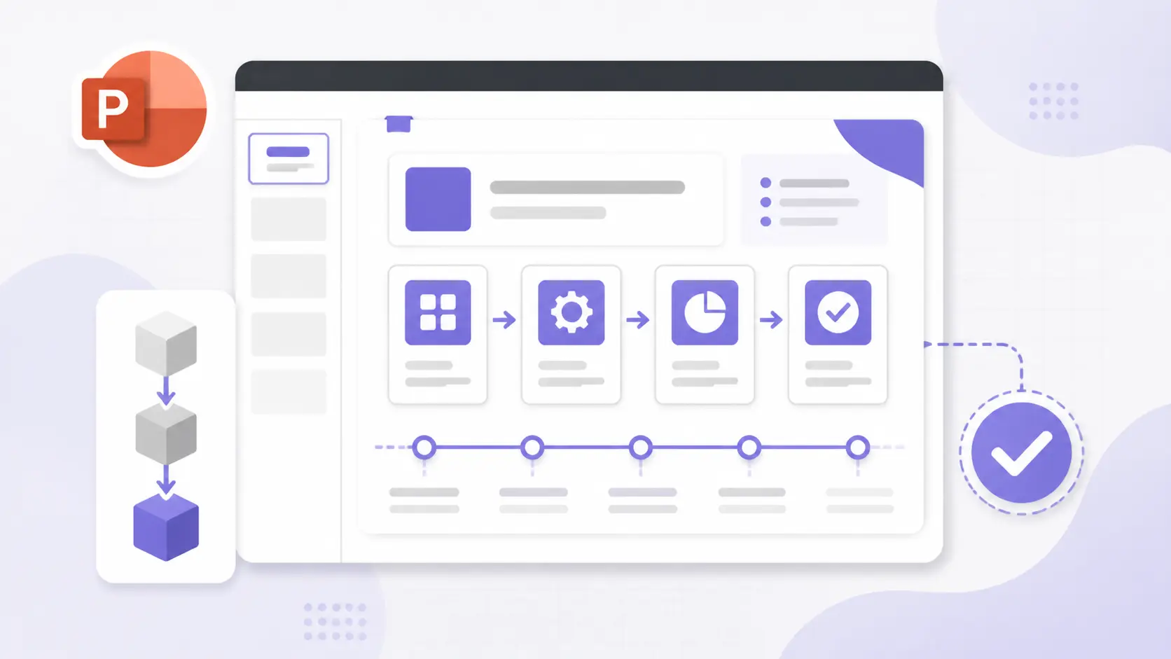 Screenshot of a PowerPoint slide displaying a purple-themed workflow diagram with icons and a timeline.