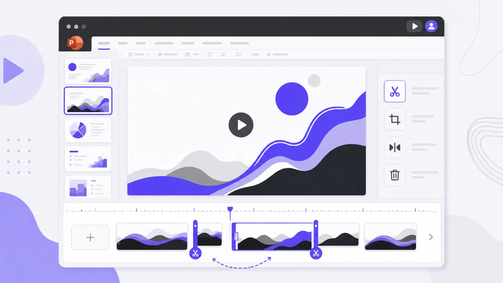 Screenshot of a presentation editing interface with purple, black, and gray abstract wave charts and video timeline controls.