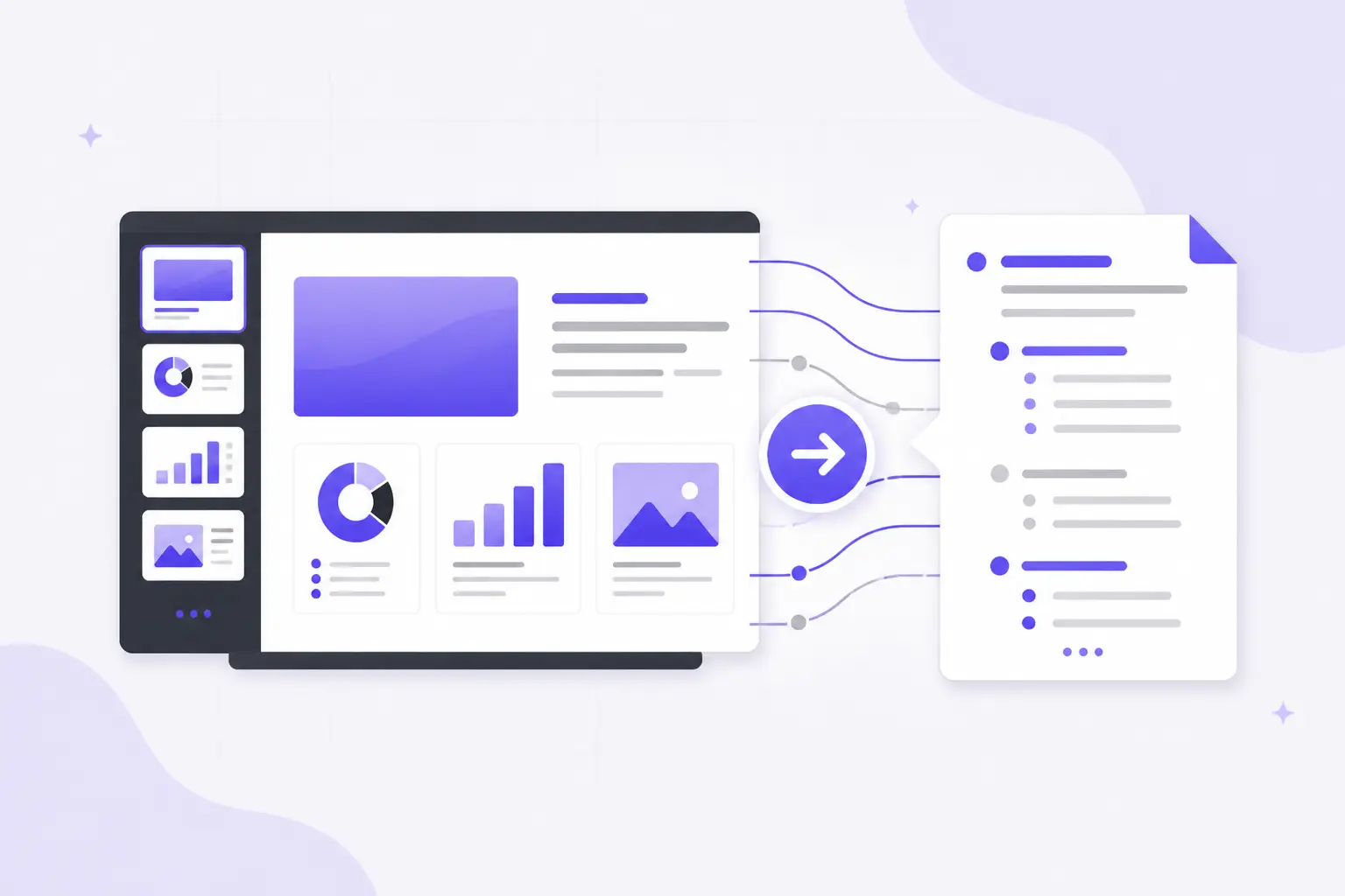 User interface with charts, graphs, and data visualization connecting to a document icon.