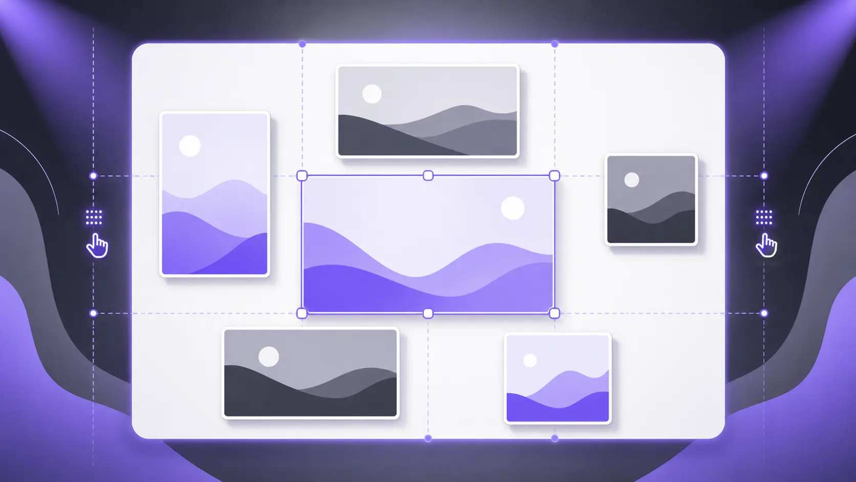 User interface displaying various landscape image thumbnails with purple and gray gradients, selection outlines, and adjustment handles.