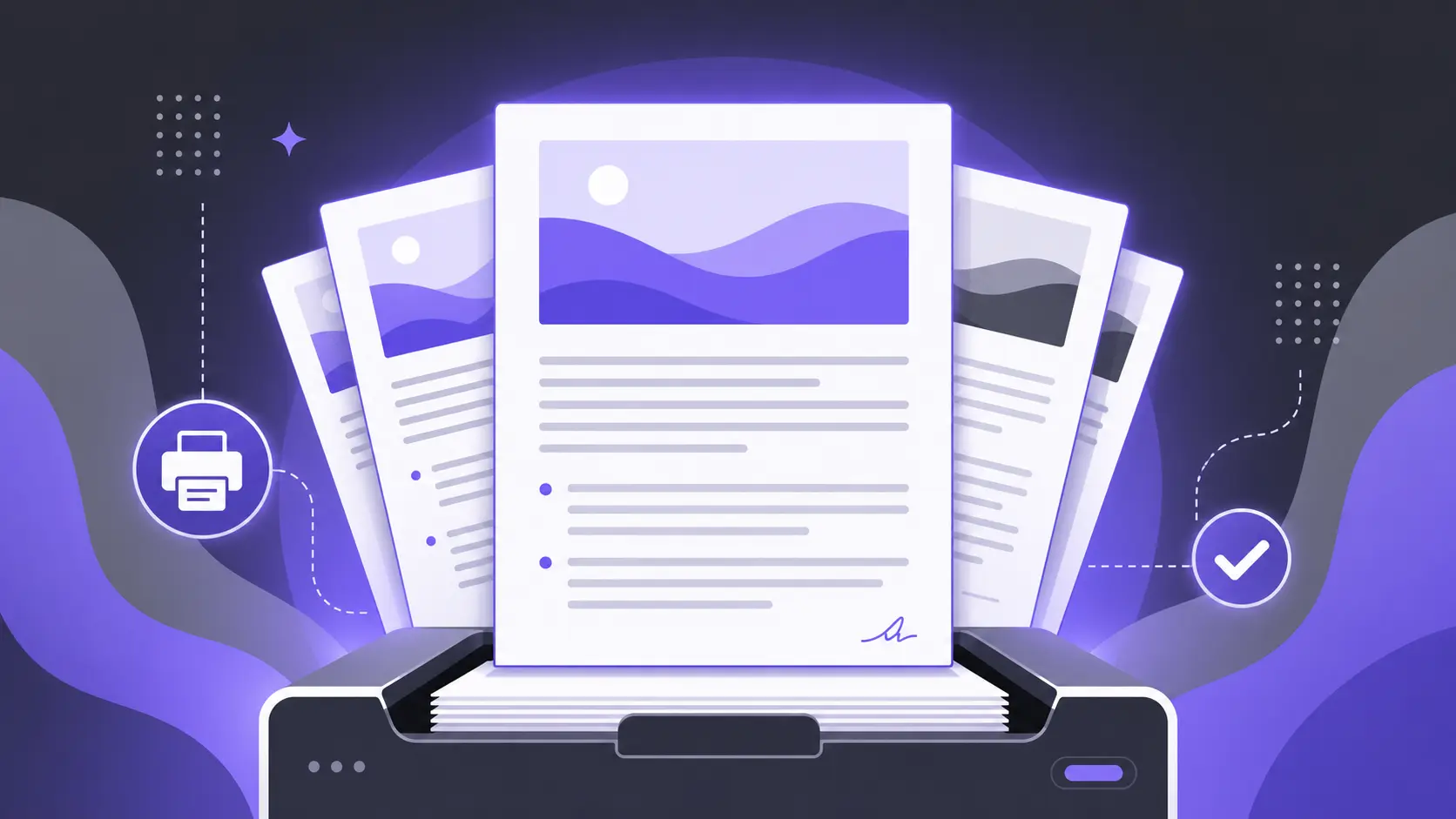 Illustration of a printer producing multiple documents with purple landscape images and icons.