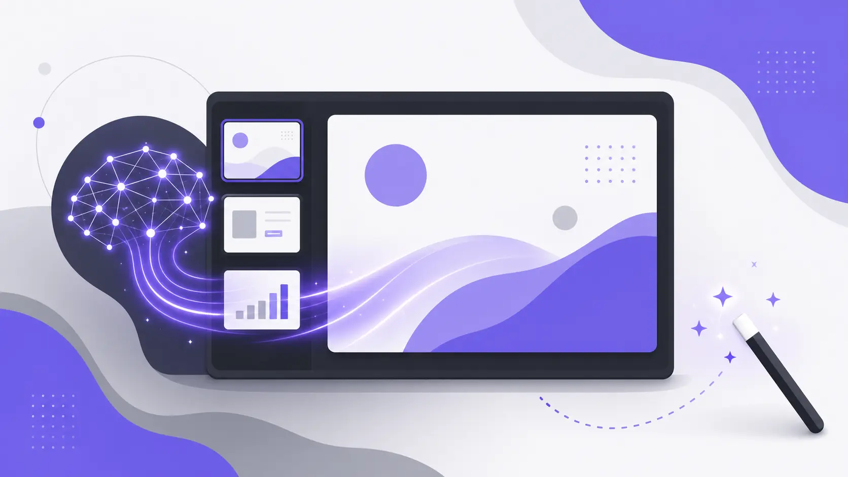 Digital drawing tablet with purple abstract graphics and neural network illustration.