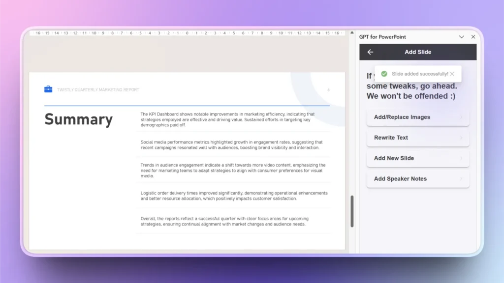 Screenshot of a PowerPoint slide titled "Summary" with marketing report text and GPT for PowerPoint add-in interface.