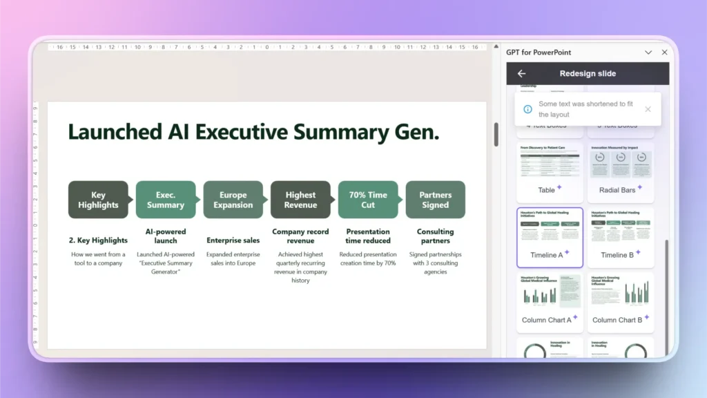 Screenshot of a PowerPoint slide editor showing AI Executive Summary Gen launch details and redesign options.