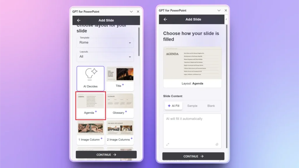 Two smartphone screens displaying the GPT for PowerPoint interface with slide layout and content options.