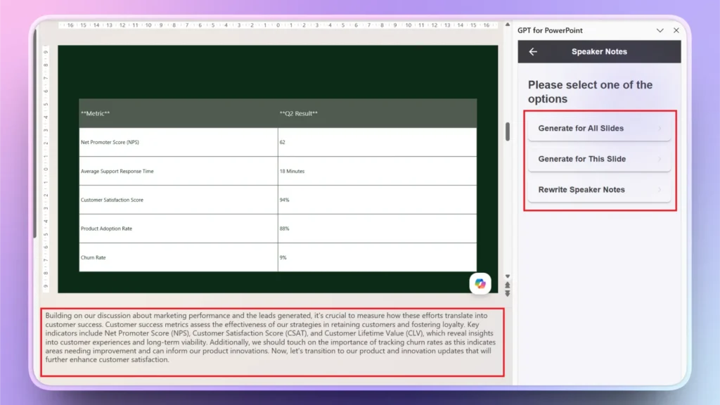 Screenshot of a PowerPoint slide with customer success metrics table and GPT for PowerPoint speaker notes options.