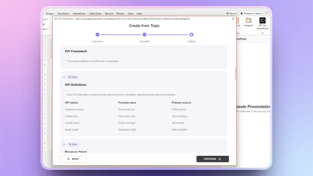 Screenshot of a PowerPoint add-in window displaying a KPI framework and definitions table.