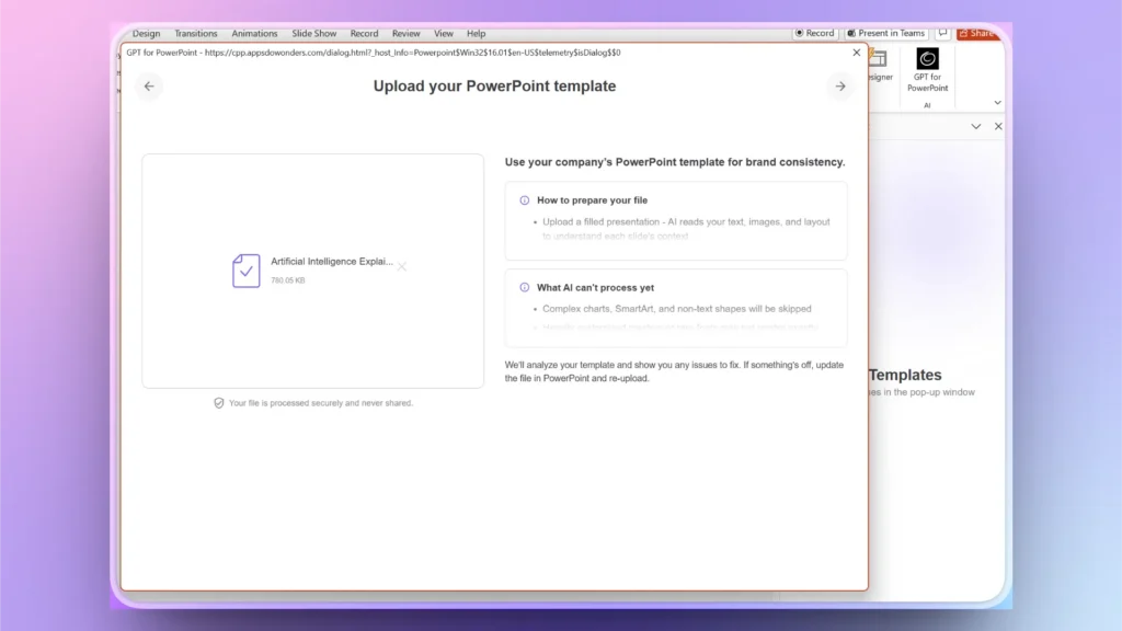 Screenshot of a software interface prompting to upload a PowerPoint template for AI analysis.