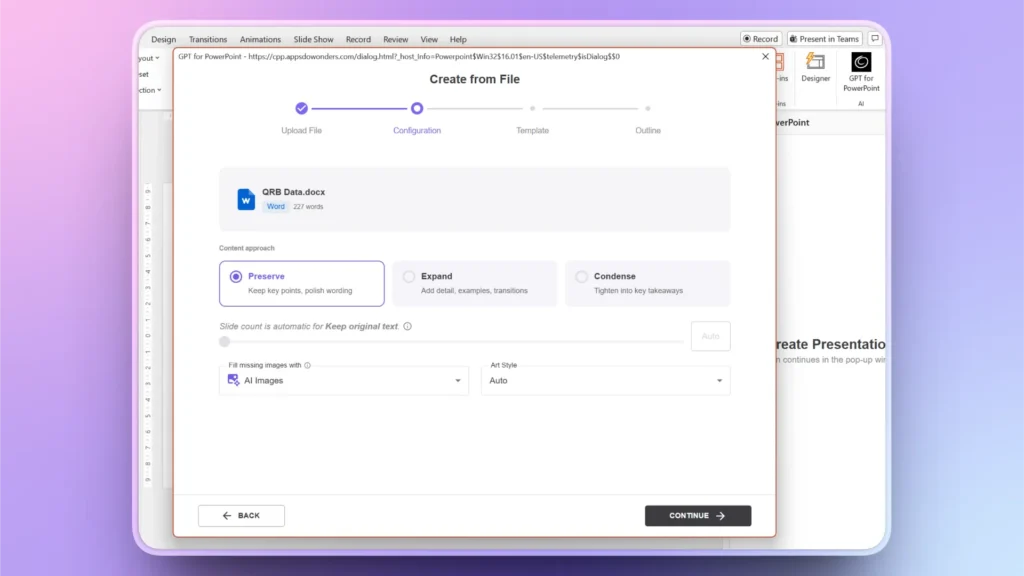 Screenshot of a PowerPoint add-in window titled "Create from File" showing configuration options for uploading a Word document named "QRB Data.docx" with 227 words.