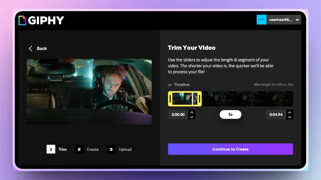 Screenshot of GIPHY video trimming interface showing a man in a car video preview and trim controls.
