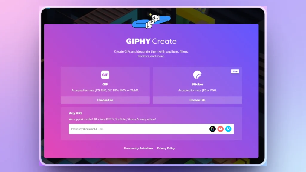 Screenshot of GIPHY Create webpage with options to upload GIFs or Stickers, purple gradient background.