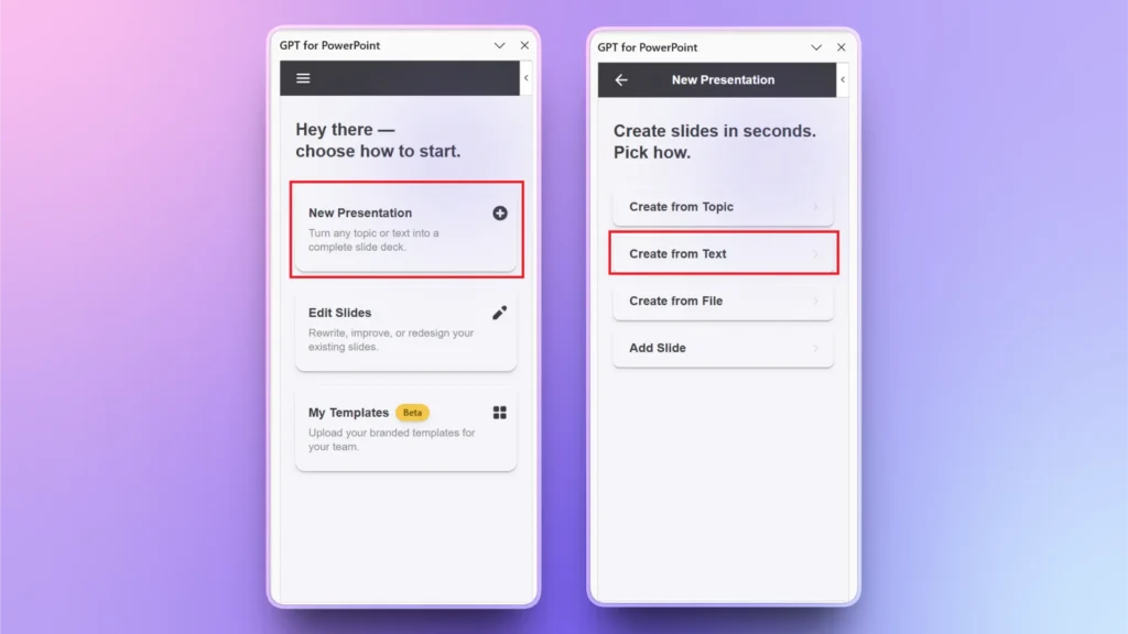Two smartphone screens displaying the GPT for PowerPoint app interface with options for creating and editing presentations.