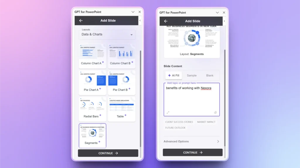 Two smartphone screens displaying GPT for PowerPoint interface with slide layout options and AI content input.