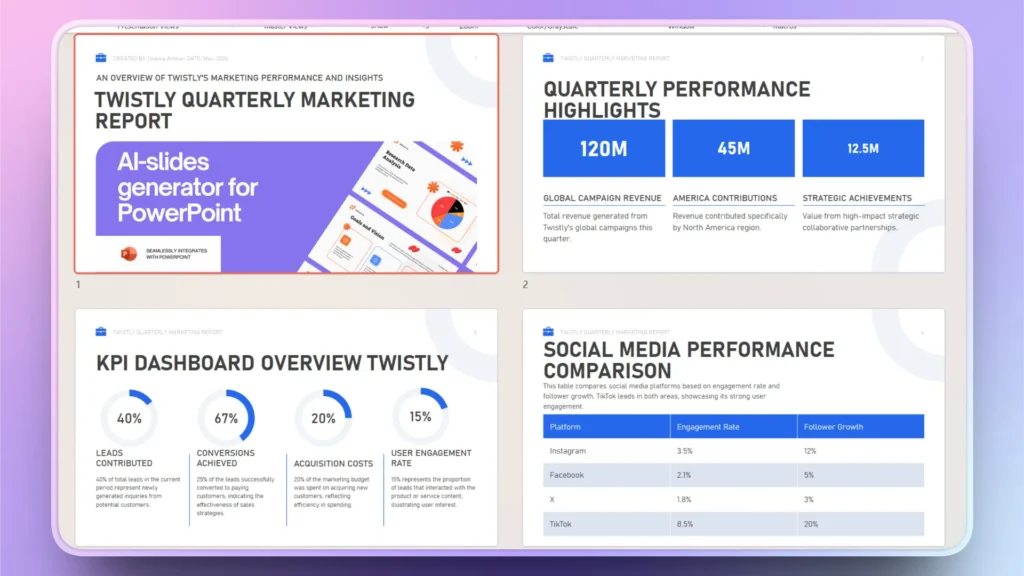 Tablet screen displaying a four-slide marketing report with charts, blue highlights, and black text.