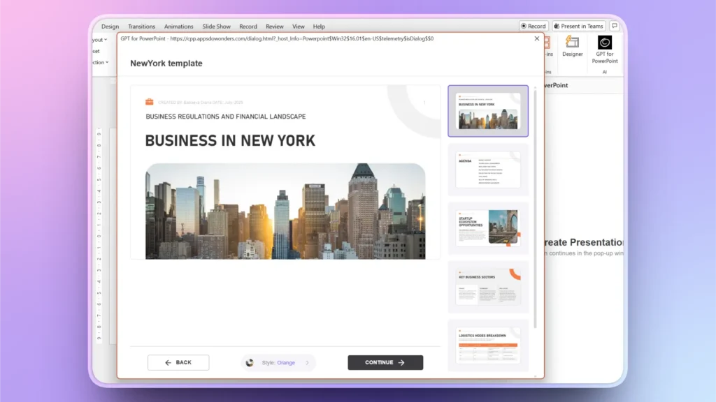 Screenshot of a PowerPoint template selection window featuring a "Business in New York" presentation with city skyline images.