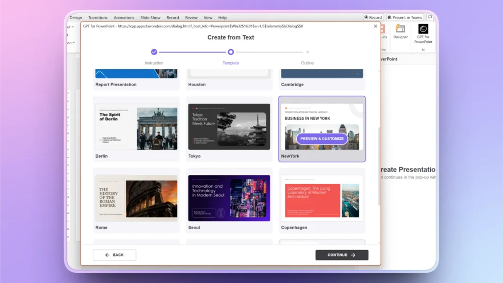 Screenshot of a software window displaying various PowerPoint presentation templates with city themes.